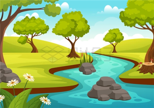 卡通小河流和旁边的草地大树风景插画8178650矢量图片免抠素材