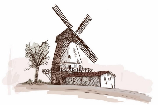 彩绘素描风格乡村农舍大树和大风车风景图png图片免抠矢量素材