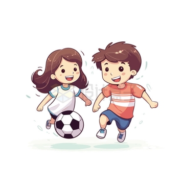 正在踢足球的卡通男孩女孩1378459矢量图片免抠素材