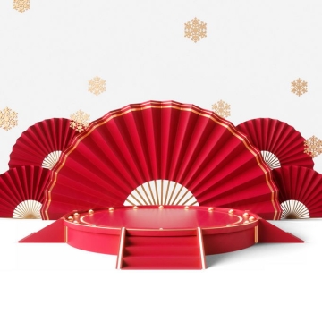 新年春节红色中国风3D圆形展台折扇背景装饰6244754免抠图片素材