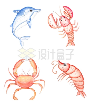 水彩画风格卡通海豚龙虾螃蟹等海鲜插画7197570矢量图片免抠素材