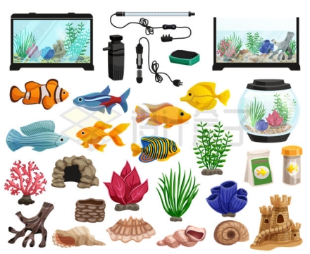 各种卡通热带鱼鱼缸珊瑚贝壳水族馆装饰物9763052矢量图片免抠素材
