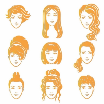 9款不同发型的橙色手绘美女头像png图片免抠矢量素材