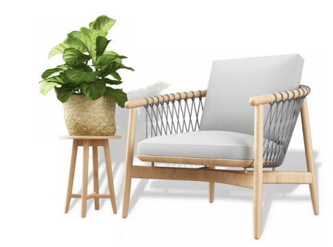 木制单人沙发靠枕和花盆架404246免抠图片素材