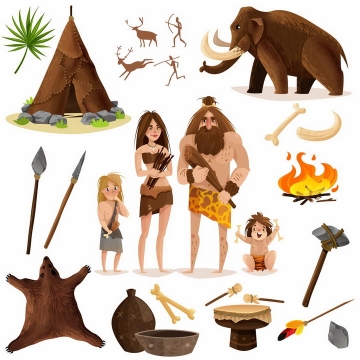 卡通猛犸象原始人远古人类石斧长矛等原始社会史前社会png图片免抠矢量素材
