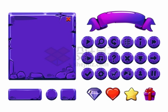 紫色石质控制面板开始关闭按钮等卡通游戏设计元素png图片素材