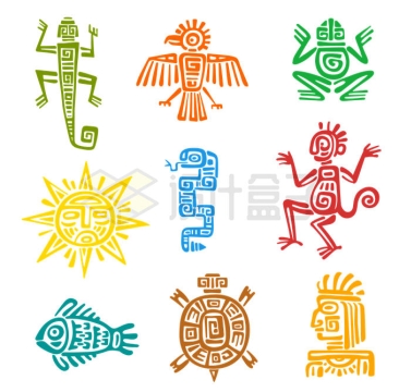 9款玛雅文字风格蜥蜴鸟儿青蛙太阳蛇猴子鱼乌龟和人类神秘符号图案1187707矢量图片免抠素材