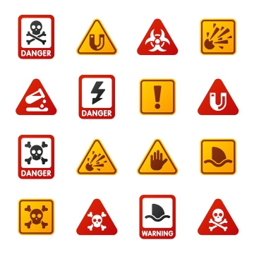 16小心有毒小心辐射小心触电等提示牌警告标志警示标牌图片免抠矢量素材