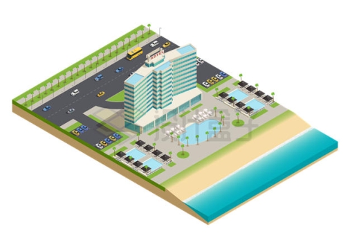 2.5D风格海边的酒店大楼和停车场道路等设施9649579矢量图片免抠素材