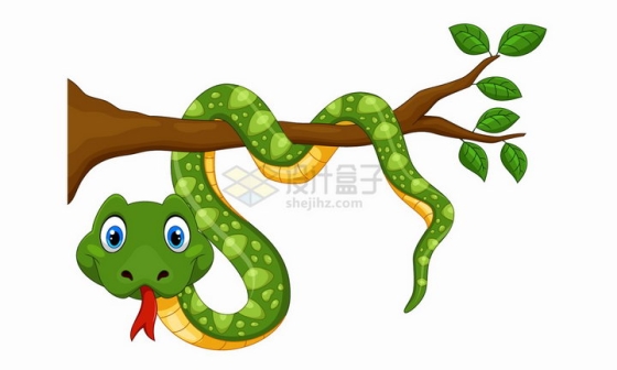 缠绕在树枝上的青蛇可爱卡通动物png图片免抠矢量素材
