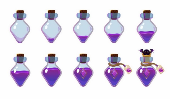 10种卡通游戏中的紫色药水瓶png图片免抠矢量素材
