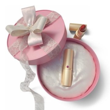 打开包装的精美粉红色圆形礼物盒中的高档口红352727png图片免抠素材