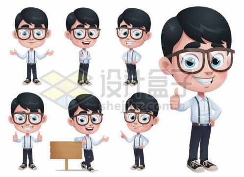 7种不同姿势的戴眼镜的大头卡通知识分子老师4569425矢量图片免抠素材