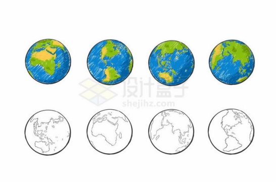 4款彩色涂鸦手绘风格地球和线条地球图案3702639矢量图片免抠素材免费下载