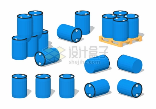 蓝色塑料化工桶木制托盘上的塑料桶png图片素材