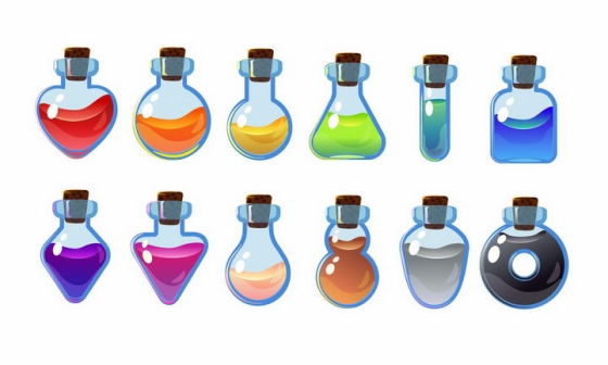 10种卡通游戏中的装满彩色液体的药水瓶png图片免抠矢量素材