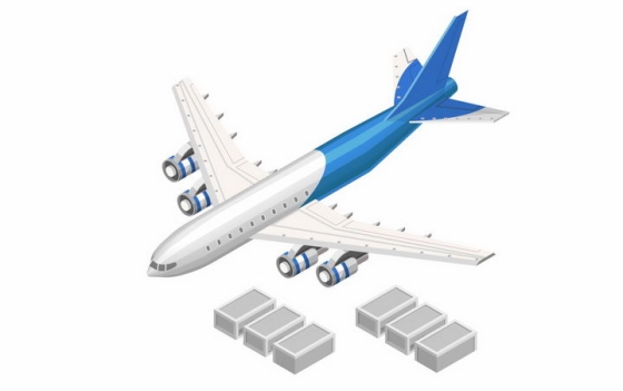 3D立体蓝白色涂装的货运飞机和货物物流png图片免抠矢量素材