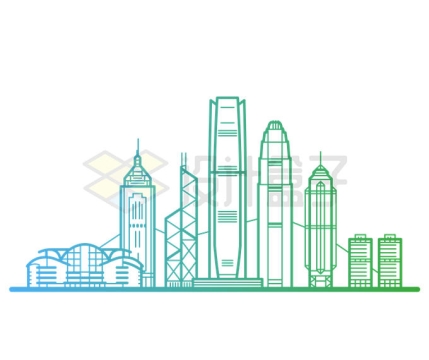 绿色线条卡通香港城市高楼大厦地平线建筑群8522452矢量图片免抠素材