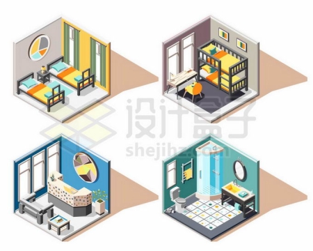 4款2.5D风格大学宿舍单人床上下铺和卫生间设施9755978矢量图片免抠素材