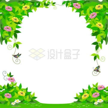 草地藤蔓树叶鲜花组成的绿色自然边框3240170矢量图片免抠素材
