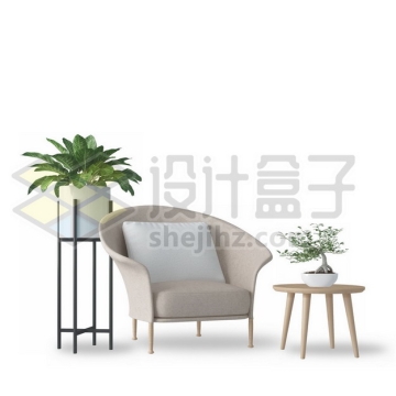 小清新风格的单人沙发和盆栽家庭装修901468psd/png图片素材