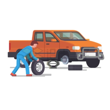 扁平化风格卡通维修工人正在为汽车换轮胎5694978矢量图片免抠素材