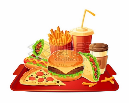 红色餐盘上的汉堡可乐咖啡塔可热狗披萨薯条等肯德基麦当劳快餐png图片素材