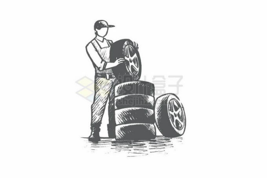手绘涂鸦风格汽车维修店维修工正在查看汽车轮胎7548724矢量图片免抠素材