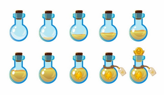 10种卡通游戏中的黄色药水瓶png图片免抠矢量素材