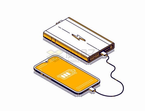 黄色2.5D风格充电宝正在给手机充电png图片素材