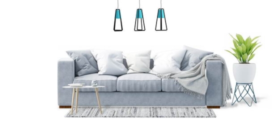 简约风格灰色三人沙发布艺沙发地毯和茶几花盆吊灯8689430免抠图片素材