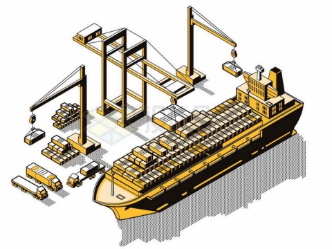 2.5D风格港口码头上装卸货物的集装箱货轮插画9509064矢量图片免抠素材