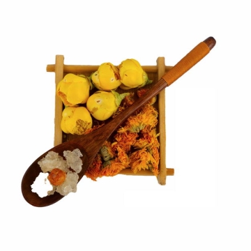 木头盘子中的金盏菊和黄玫瑰花茶等养生花茶和冰糖400217png图片免抠素材