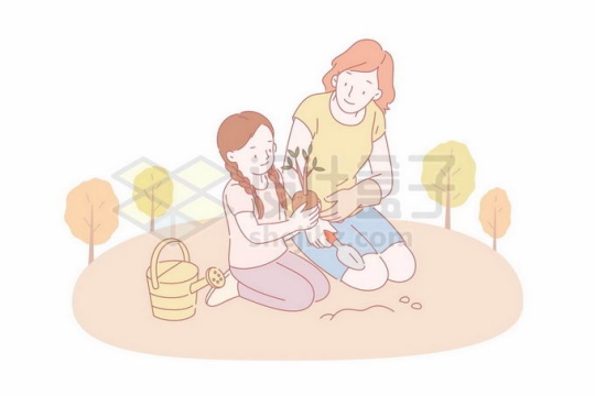 春天里妈妈教导孩子种树植树节手绘线条插画1286256矢量图片免抠素材