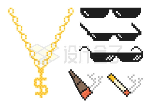 像素风格嘻哈风墨镜金项链和香烟图案3016125矢量图片免抠素材