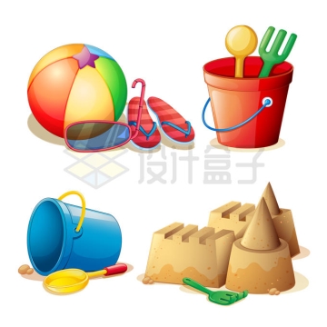 沙滩球塑料桶和沙雕等各种沙滩玩具1526682矢量图片免抠素材