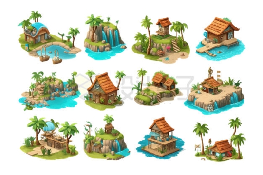 12款卡通小岛上的房子风景插画6854017矢量图片免抠素材