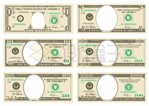 空白的1美元5美元10美元20美元50美元100美元钞票纸币2050690矢量图片免抠素材
