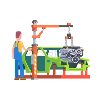 汽车制造厂中安装发动机的工人插画4592846矢量图片免抠素材