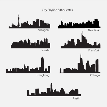 7款上海纽约香港等城市建筑天际线轮廓剪影图片免抠矢量图素材