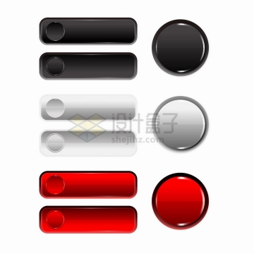 圆形和圆角长方形黑色白色和红色水晶按钮png图片免抠矢量素材