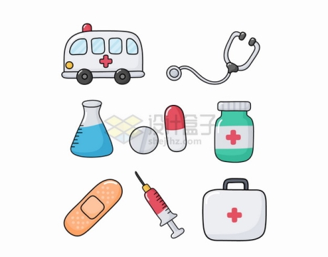 卡通救护车听诊器锥形瓶药品创口贴注射器和医药箱png图片素材