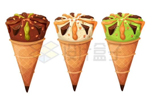 3种口味的巧克力冰淇淋冰激凌蛋筒甜筒美味冷饮6539786矢量图片免抠素材