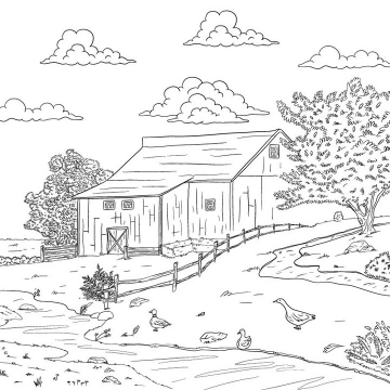 黑色线条涂鸦手绘素描风格农村乡村风景简笔画免抠矢量图片素材