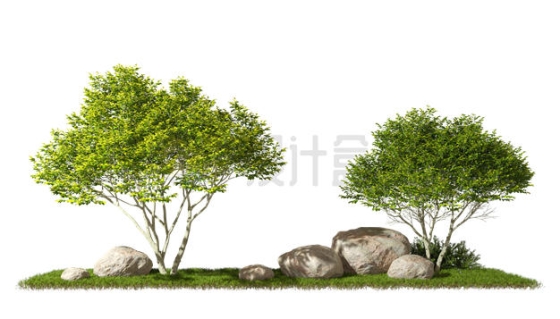 3D rendering of stones and two big trees on the park lawn 5394507PSD scratch free image material