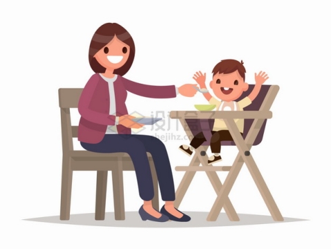 妈妈正在喂宝宝吃饭扁平插画png图片免抠矢量素材