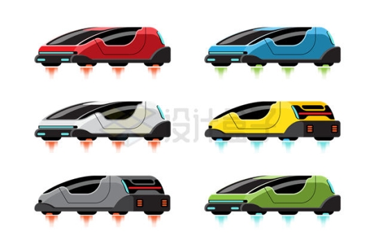 6种颜色的未来科幻风格的飞行汽车9480216矢量图片免抠素材