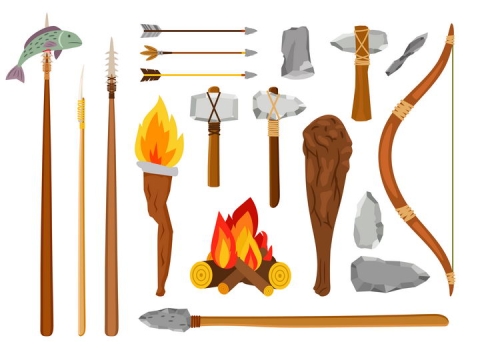 各种原始人用的石斧弓箭等武器图片免抠矢量素材