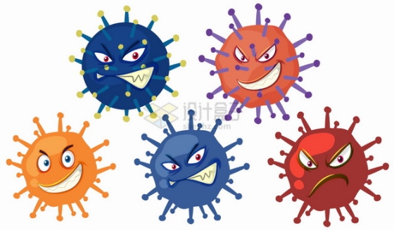 5种颜色的卡通新型冠状病毒表情包png图片素材
