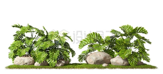 3D rendering of stones and tortoise shell bamboos on the park lawn 1752514PSD scratch free image material